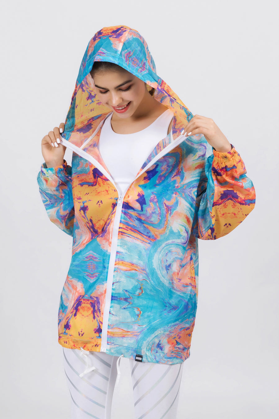Hooded Watercolor Print Windbreaker Jacket