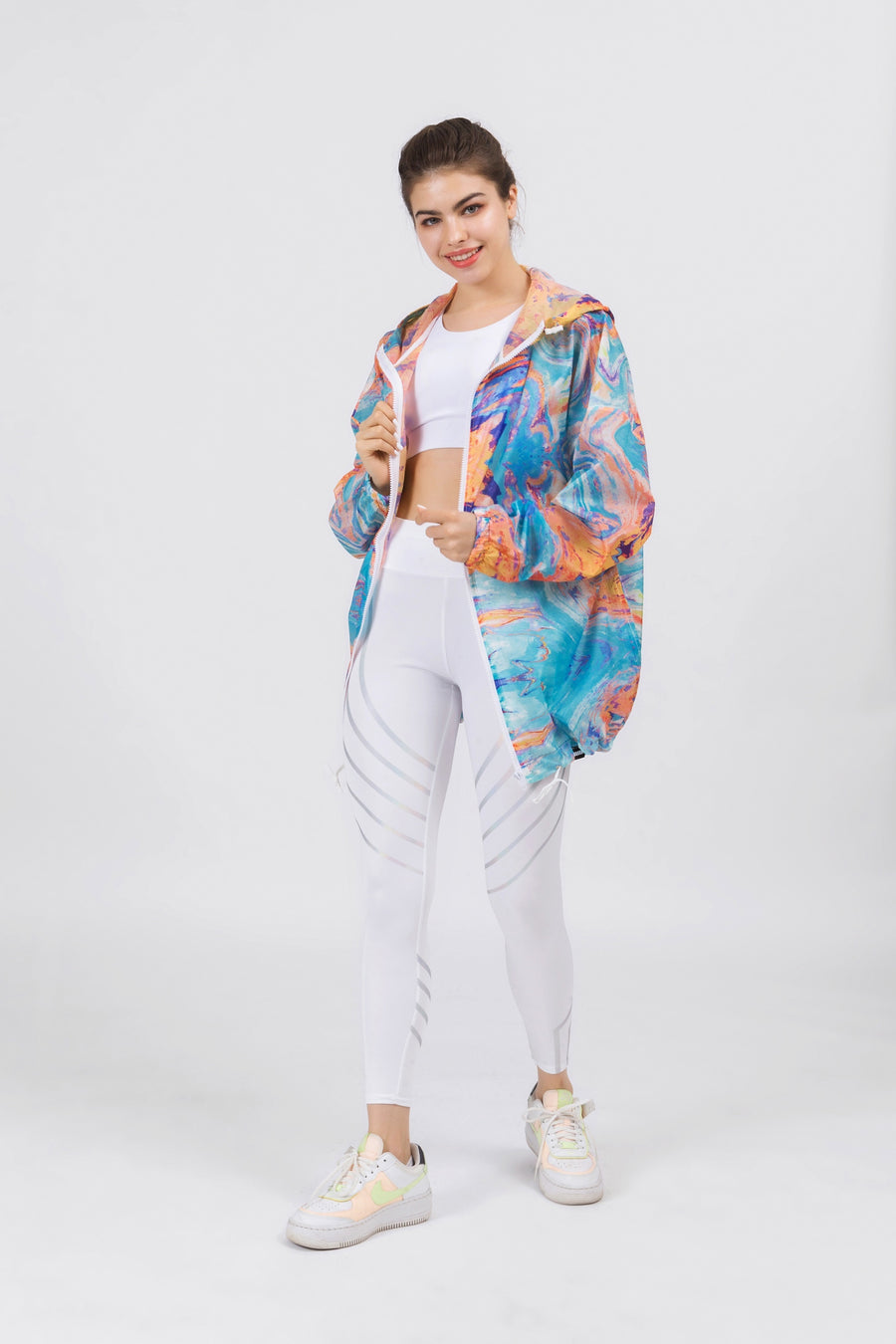 Hooded Watercolor Print Windbreaker Jacket