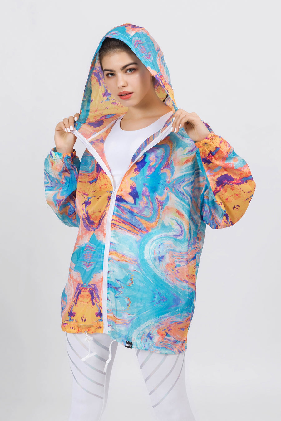 Hooded Watercolor Print Windbreaker Jacket